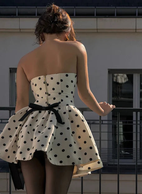 Cute Dot Pattern Design Strapless Bow Zip-up A-Line Homecoming Dress Party Dress Prom Dresses DP6155
