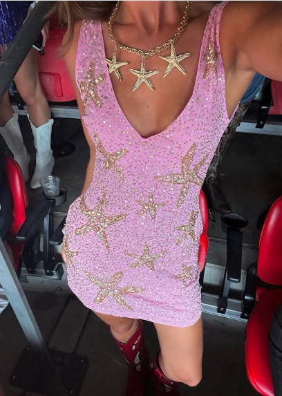 Retro Pink Sparkling Sequin V-neck Bodycon Homecoming Dress Party Dress DP6156