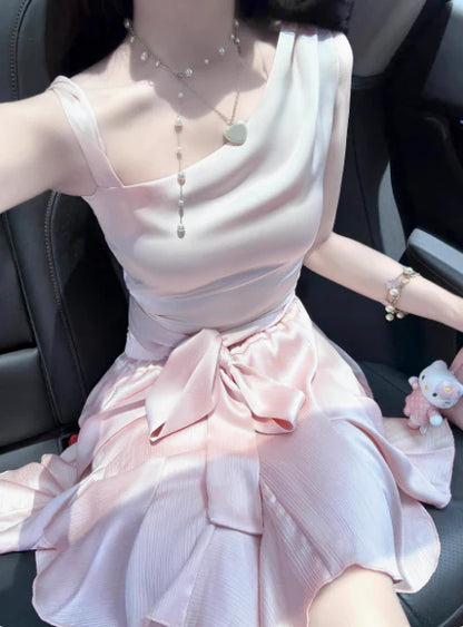 Vintage Pink Irregular Shoulder Strap A-Line Satin Short Party Dress Cocktail Dress Homecoming Dress DP6502