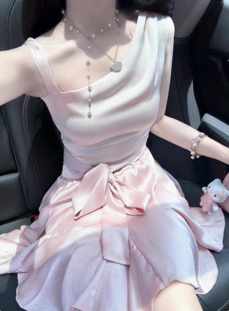 Vintage Pink Unregelmäßiger Schultergurt A-Linie Satin Kurzes Partykleid Cocktailkleid Homecomingkleid DP6502