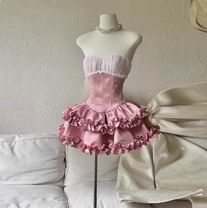 Vintage Pink Sweetheart Ruffle A-Line Tiered Short Party Dress Cocktail Dress Homecoming Dress DP6503