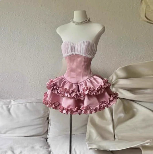 Vintage Rosa Herzausschnitt Rüschen A-Linie Gestuftes Kurzes Partykleid Cocktailkleid Homecomingkleid DP6503