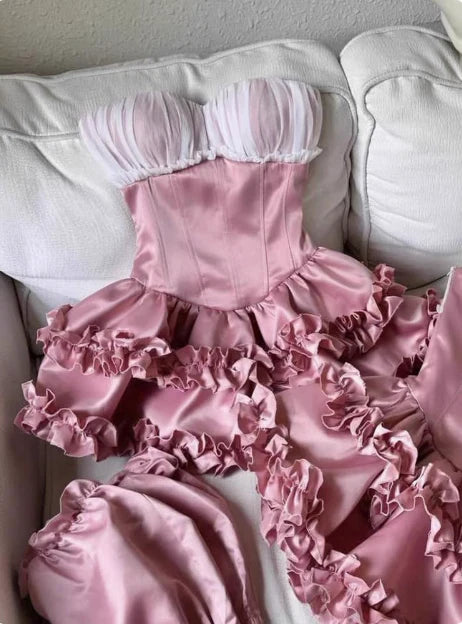 Vintage Pink Sweetheart Ruffle A-Line Tiered Short Party Dress Cocktail Dress Homecoming Dress DP6503
