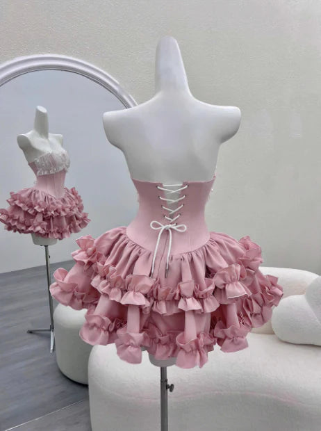 Vintage Pink Sweetheart Ruffle A-Line Tiered Short Party Dress Cocktail Dress Homecoming Dress DP6503