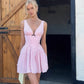 Vintage Pink V-neck Polka Dot A-Line Short Party Dress Cocktail Dress Homecoming Dress DP6508
