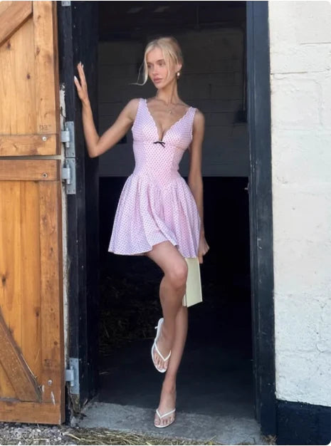 Vintage Pink V-neck Polka Dot A-Line Short Party Dress Cocktail Dress Homecoming Dress DP6508