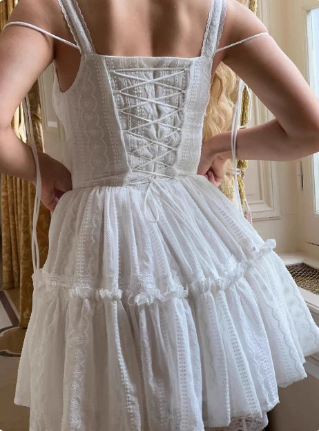 Vintage White Lace Spaghetti Strap A-Line Short Tiered Party Dress Cocktail Dress Homecoming Dress DP6510