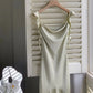 Vintage Salbeigrün Rüschen Meerjungfrau Satin Langes Ballkleid Partykleid Abendkleid DP6486