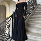 Vintage Schwarz Chiffon Off-the-Shoulder A-Linie Langes Ballkleid Partykleid Abendkleid DP6493
