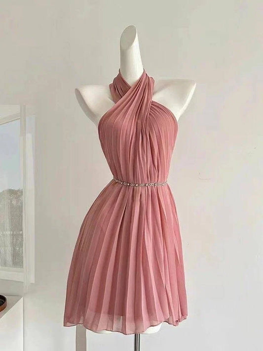 Vintage Pink Halter-Neck Chiffon Pleated A-Line Homecoming Dress DP8822