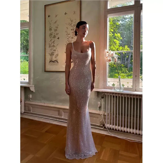 Elegantes rosa glitzerndes Pailletten-Meerjungfrauen-Spaghettiträger-Ballkleid Partykleid Abendkleid DP6472