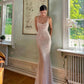 Elegantes rosa glitzerndes Pailletten-Meerjungfrauen-Spaghettiträger-Ballkleid Partykleid Abendkleid DP6472