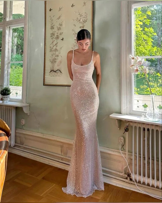 Elegantes rosa glitzerndes Pailletten-Meerjungfrauen-Spaghettiträger-Ballkleid Partykleid Abendkleid DP6472