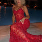 Vintage Glänzende Pailletten Rote Meerjungfrau Spitze Applikation Spaghettiträger Langes Ballkleid Abendkleid, DP6306