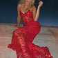 Vintage Glänzende Pailletten Rote Meerjungfrau Spitze Applikation Spaghettiträger Langes Ballkleid Abendkleid, DP6306