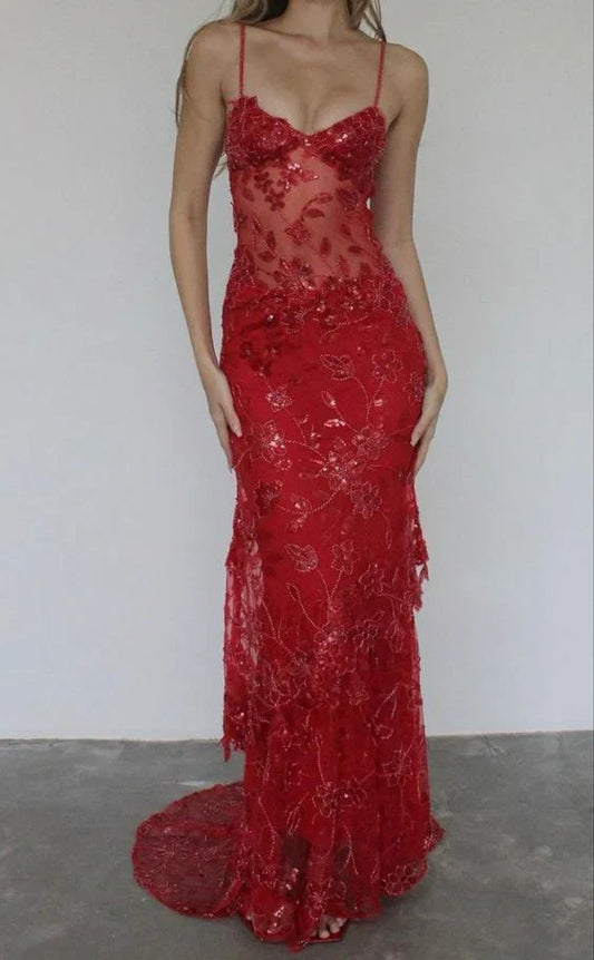 Vintage Glänzende Pailletten Rote Meerjungfrau Spitze Applikation Spaghettiträger Langes Ballkleid Abendkleid, DP6306