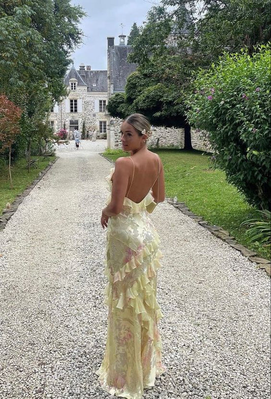 Charmantes Blumen-V-Ausschnitt-Spaghettiträger-Rüschen-Meerjungfrau-langes Ballkleid Partykleid Abendkleid DP6488