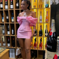 Pink Off Shoulder Bow Short Party Dress Homecomig Dress,DP1690