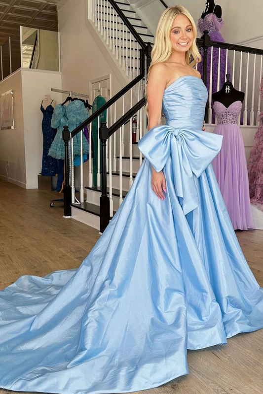 A-Line Strapless Light Blue Satin Long Prom Dress with Bow,DP0230