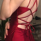 Chic Burgundy Satin Prom Dress Sheath Evening Gown V-neck Spaghetti Strap Party Dress Long Formal Dress DP6946