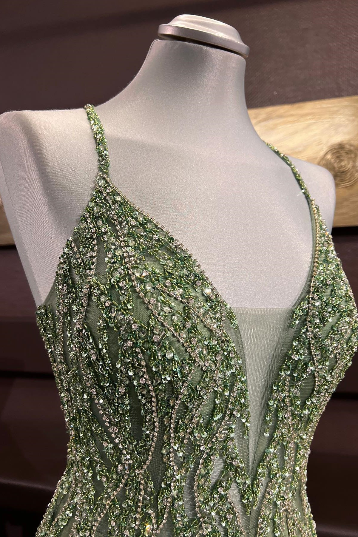 Dusty Sage Beaded Cross Back V Neck Seqins-Embroidery Long Prom Dress,DP022