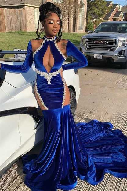 Royal Blue High Neck Long Sleeves Black Girl Mermaid Prom Dress, DP2655