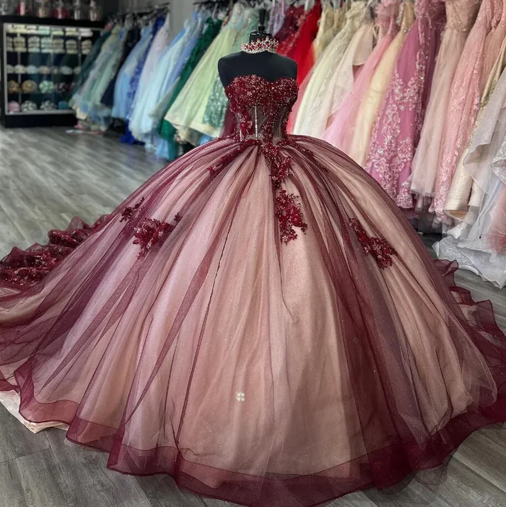 Burgundy Princess Luxury Quinceanera Dresses Beaded Floral Applique Corset Sweet 16 Chapel Train, DP2398