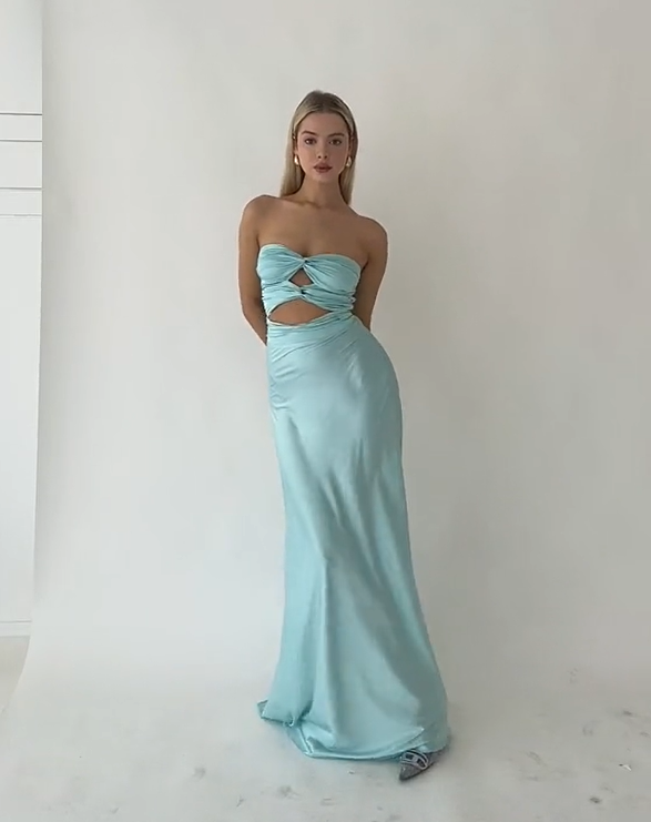 Light Blue Strapless Satin Simple Long Prom Dress, DP2453