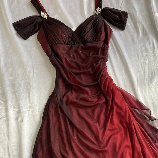 Burgundy Off Shoulder Ruffles Vintage Long Prom Dress, DP2493