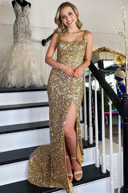 Gold Sequin Square Neck Backless Mermaid Long Formal Dress with Slit,DP048