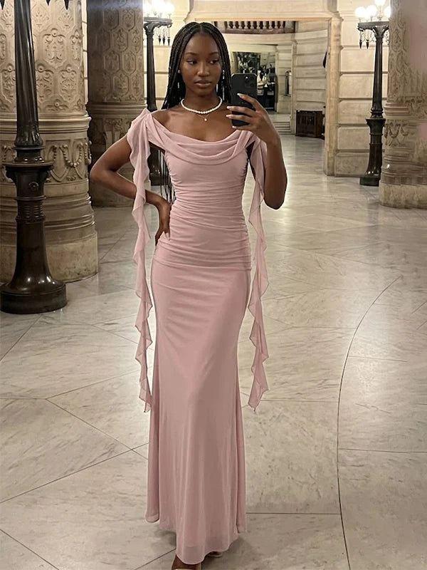 Elegant Pink Off-the-Shoulder Cowl Neck Ruffle Ribbon Ruched Mermaid Evening Dress DP8663