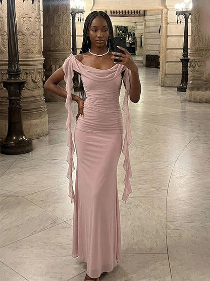 Elegant Pink Off-the-Shoulder Cowl Neck Ruffle Ribbon Ruched Mermaid Evening Dress DP8663