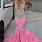 Pink V-Neck Beadings Black Girl Mermaid Long Prom Dress, DP2653