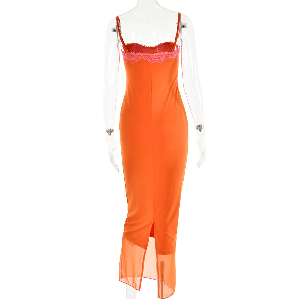 Sexy Orange Spaghetti Straps Lace Mermaid Long Party Dress, DP2200