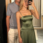 Elegant Sage Green Satin Spaghetti Strap Pleated Wedding Guest Cocktail Party Prom Dress DP8655