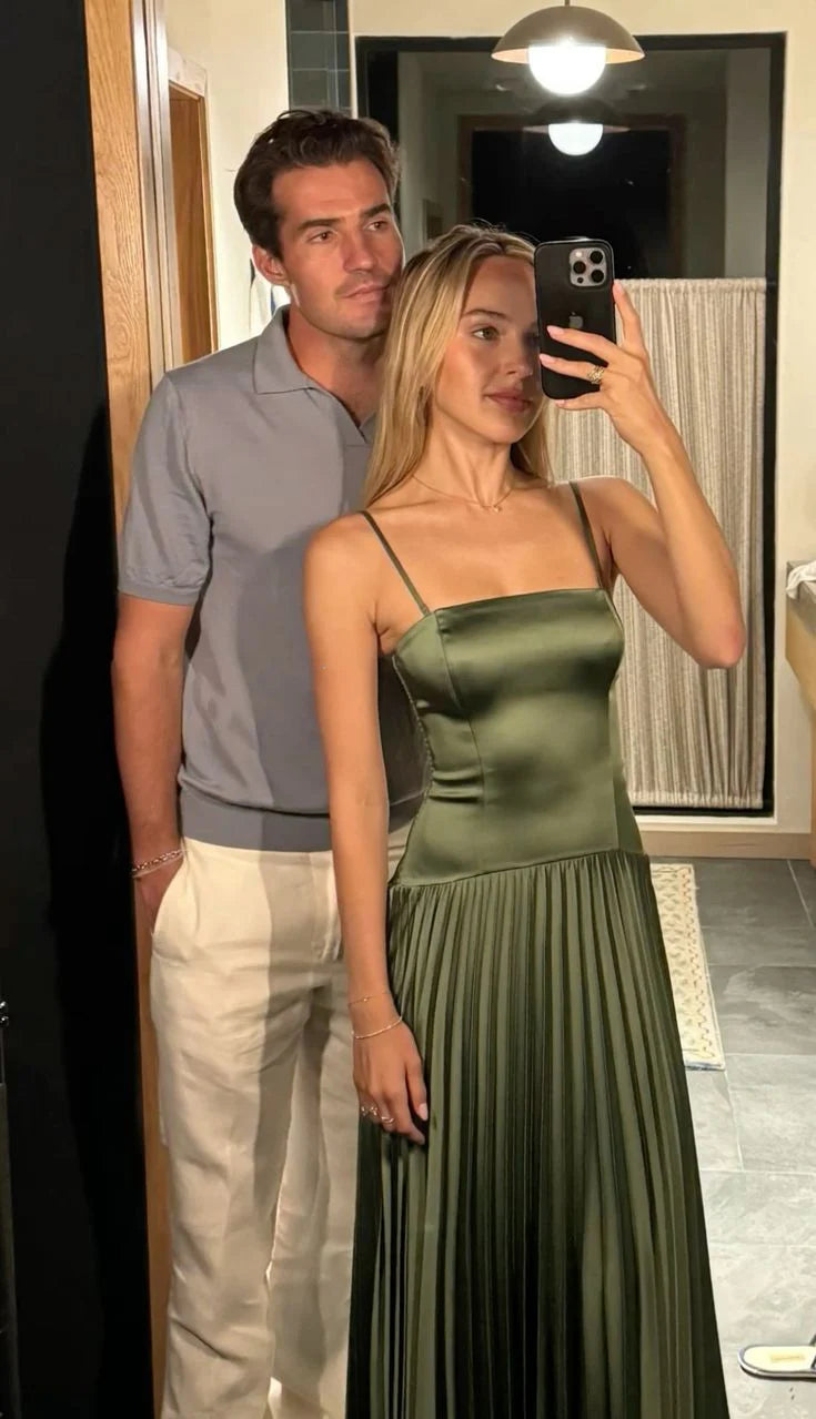 Elegant Sage Green Satin Spaghetti Strap Pleated Wedding Guest Cocktail Party Prom Dress DP8655