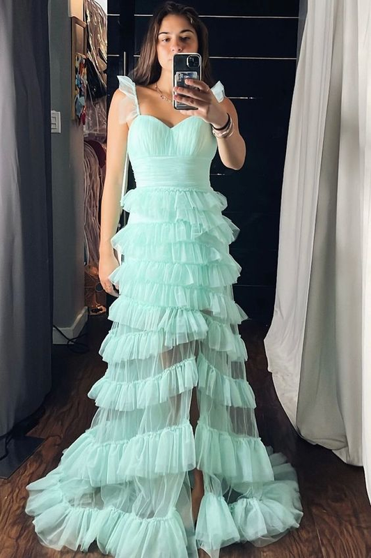 Mint Green Tiered Ruffle Long Prom Dress,DP0158