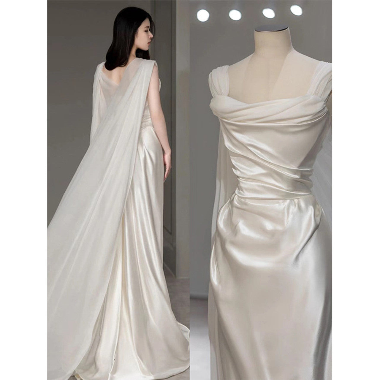 Elegant Satin Sheath Cape Sleeves Wedding Dress Draped Bridal Gown DP7047