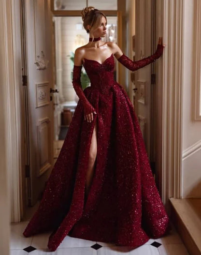 Vintage Sweetheart Burgundy Shiny Sequin Strapless Design A-Line Evening Dress Prom Dress DP6133