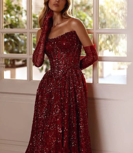 Vintage Sweetheart Burgundy Shiny Sequin Strapless Design A-Line Evening Dress Prom Dress DP6133