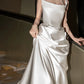 Elegant Square Neck Satin Sheath Wedding Dress Draped Bridal Gown DP7048