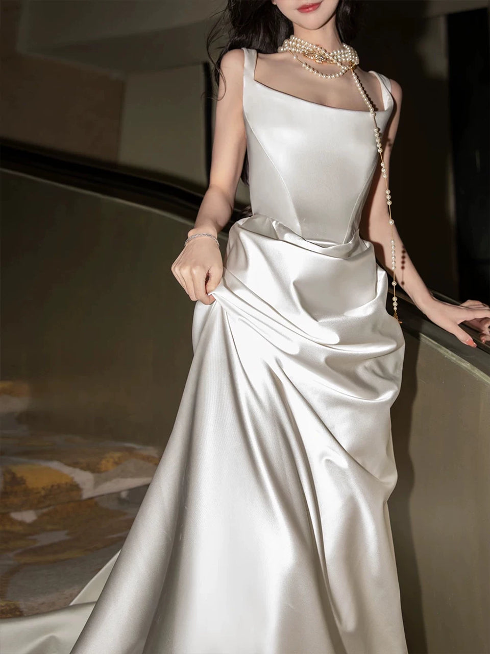Elegant Square Neck Satin Sheath Wedding Dress Draped Bridal Gown DP7048