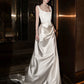 Elegant Square Neck Satin Sheath Wedding Dress Draped Bridal Gown DP7048