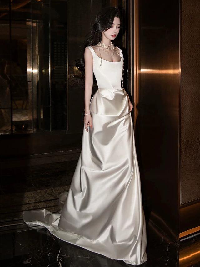 Elegant Square Neck Satin Sheath Wedding Dress Draped Bridal Gown DP7048