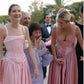 Wunderschönes rosa Spaghettiträger-A-Linien-Satin-Partykleid mit Herzausschnitt, Brautjungfernkleid DP6302
