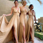 Elegantes V-Ausschnitt A-Linie Satin High Slit Partykleid Abendkleid Brautjungfernkleid DP6303