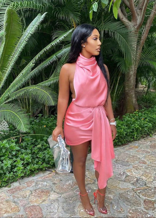 Retro Rose Pink Neckholder-Kleid Design A-Linie Satin Partykleid Homecoming-Kleid DP6087