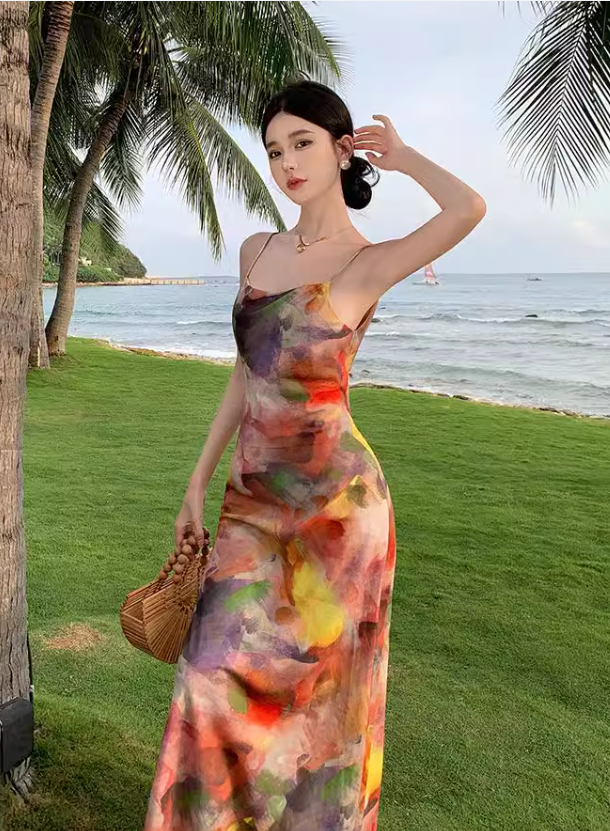 Simple New Painting Style Floral Design Elegant Beach Holiday Spaghetti Strap Dress, DP5949