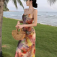 Simple New Painting Style Floral Design Elegant Beach Holiday Spaghetti Strap Dress, DP5949