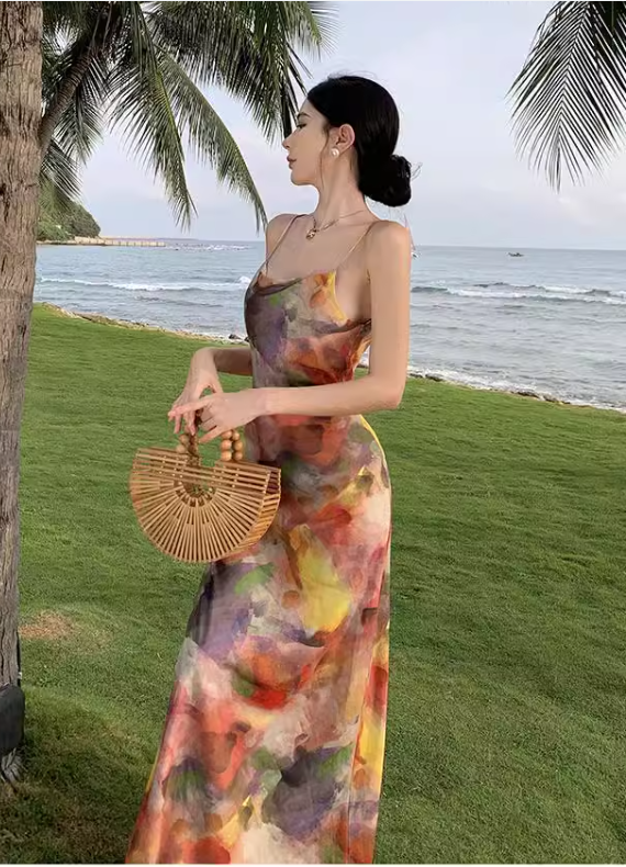 Simple New Painting Style Floral Design Elegant Beach Holiday Spaghetti Strap Dress, DP5949